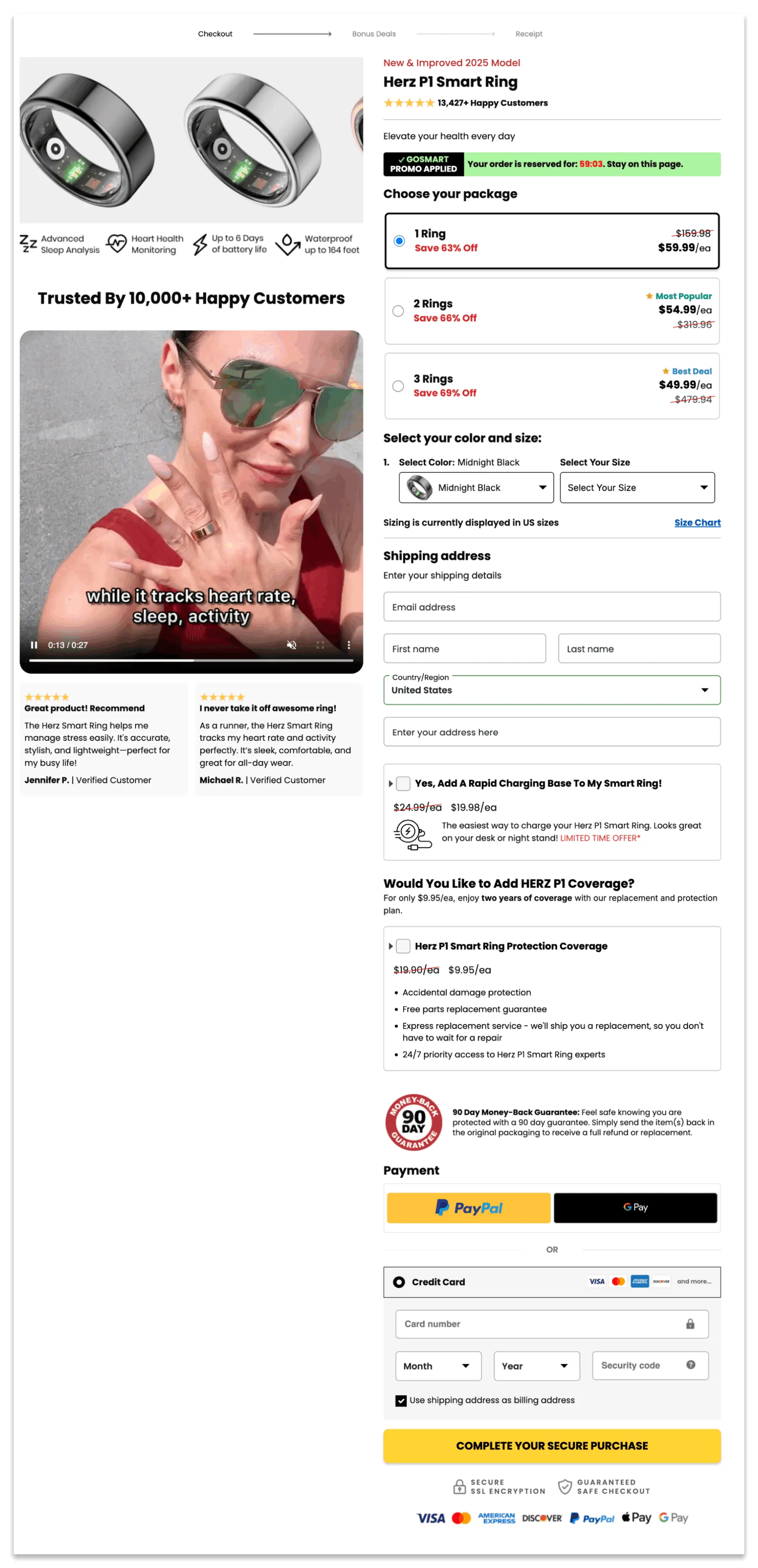 herz p1 smart ring checkout page.